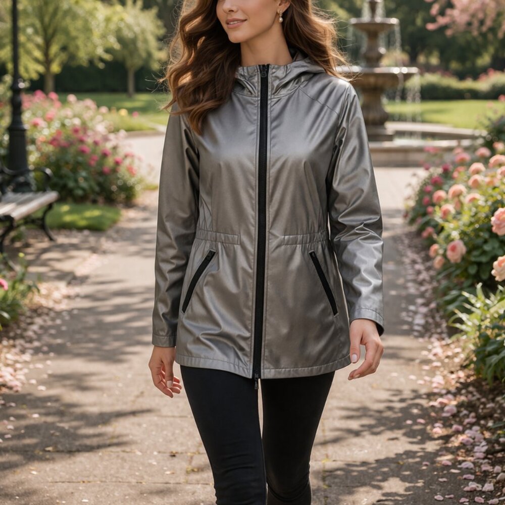 NWOT Nautica  Hooded Metallic Silver Gray Jacket Rain Coat
